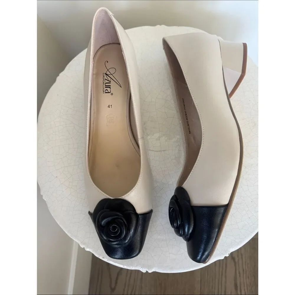 Azura by Spring Step ANGELINITE Beige Multi Floral Cap-Toe Block Heel Pumps 41